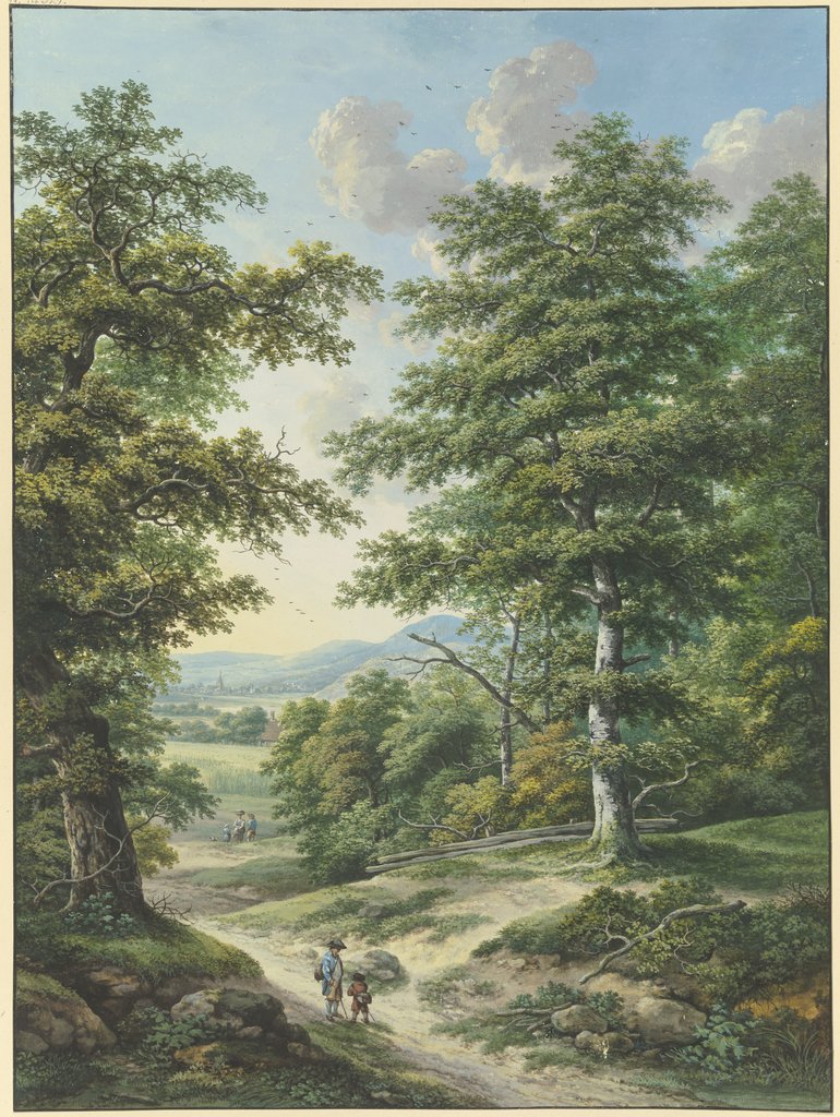 Waldausgang mit Blick auf Kornfelder und ein Dörfchen, Karl Franz Kraul