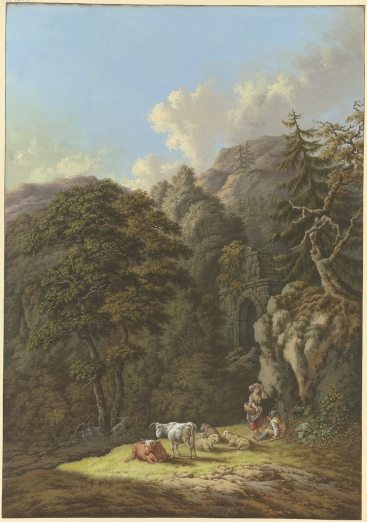 Waldige Berglandschaft mit einem alten Tor und einer Viehherde in einer Lichtung, Karl Franz Kraul