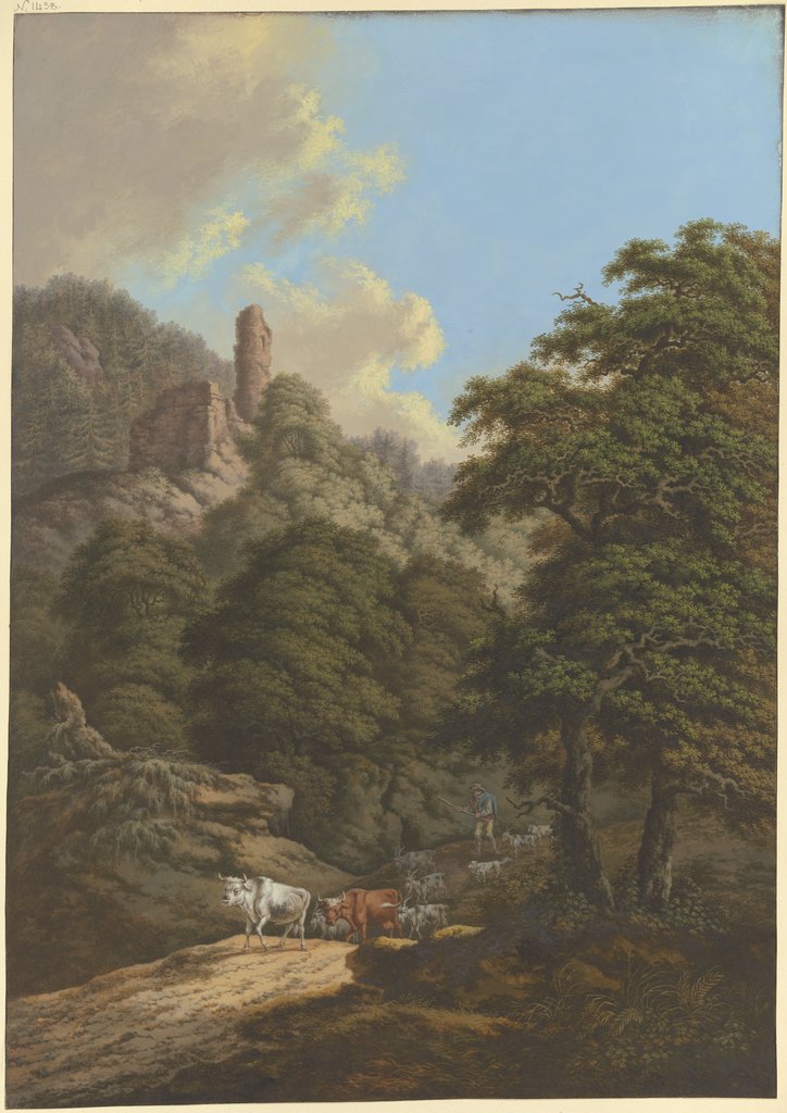 Waldige Berglandschaft mit einer Burgruine, ein Hirte treibt seine Herde von der Weide, Karl Franz Kraul