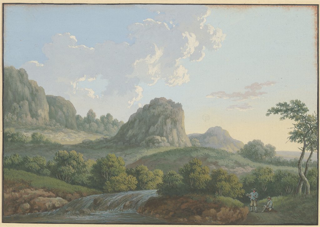 Bergige Landschaft mit einem hohen Felsen, im Mittelgrund zwei Männer bei einem Waldbach rastend, Karl Franz Kraul