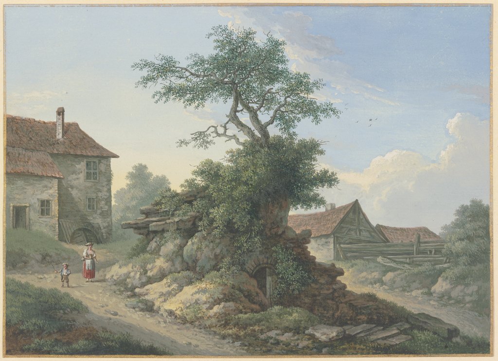 Bauernhof, in der Mitte ein Baum auf einer Kellerruine, Karl Franz Kraul