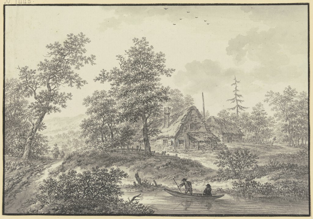 Eichenwald mit zwei Strohhütten, im Vordergrund ein Bach mit zwei Bauern in einem Boot, Karl Franz Kraul