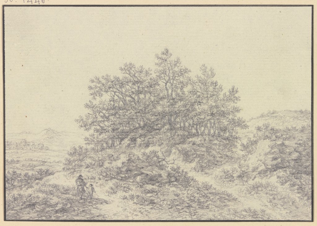 Baumpartie auf steinigem Gelände, im Vordergrund ein Mann und ein Kind, Karl Franz Kraul