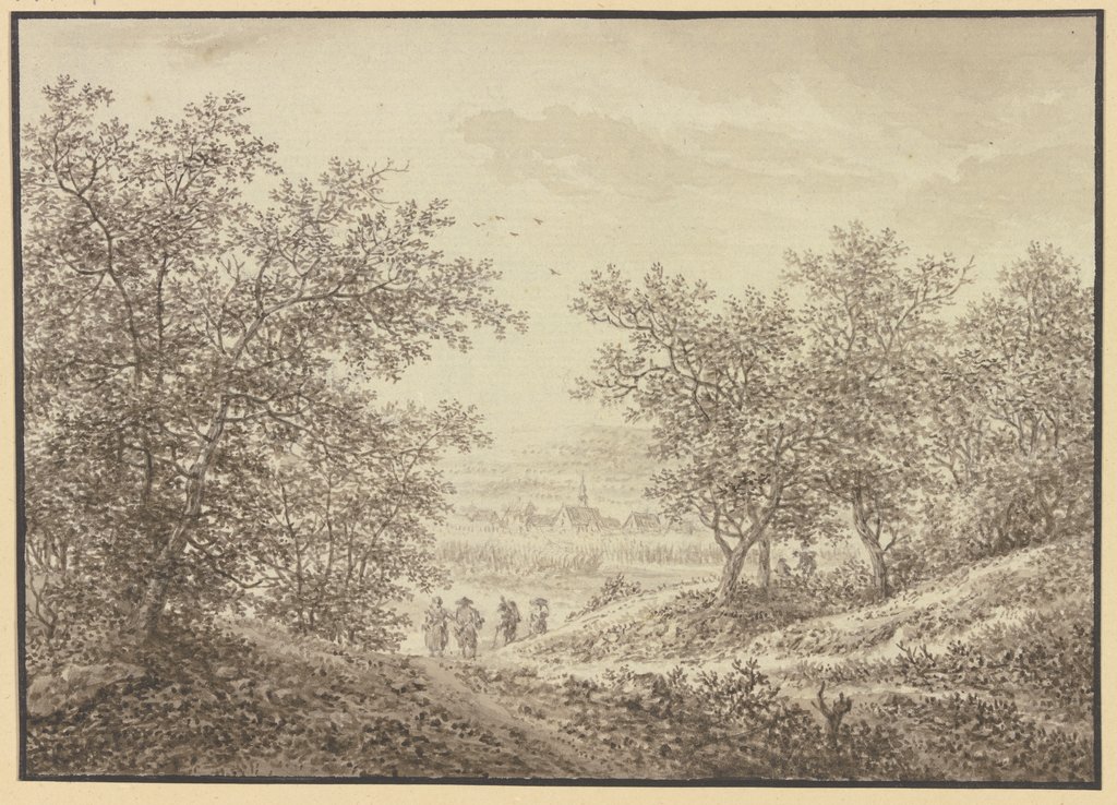 Waldausgang mit Blick auf ein Dörfchen, im Vordergrund vier Figuren, Karl Franz Kraul