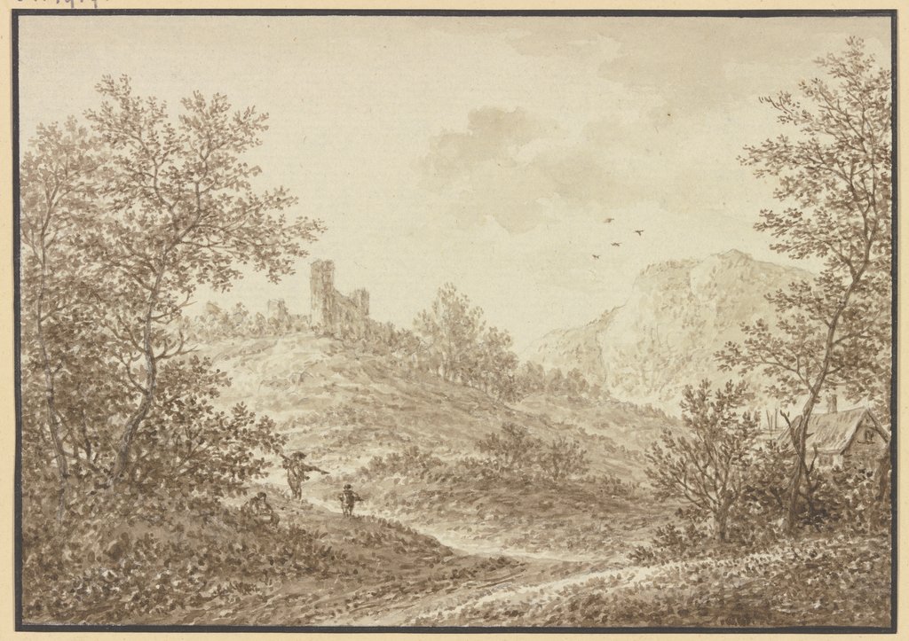 Waldausgang mit Blick auf einen Hügel mit einer Ruine, im Vordergrund drei Figuren und rechts ein Bauernhof., Karl Franz Kraul
