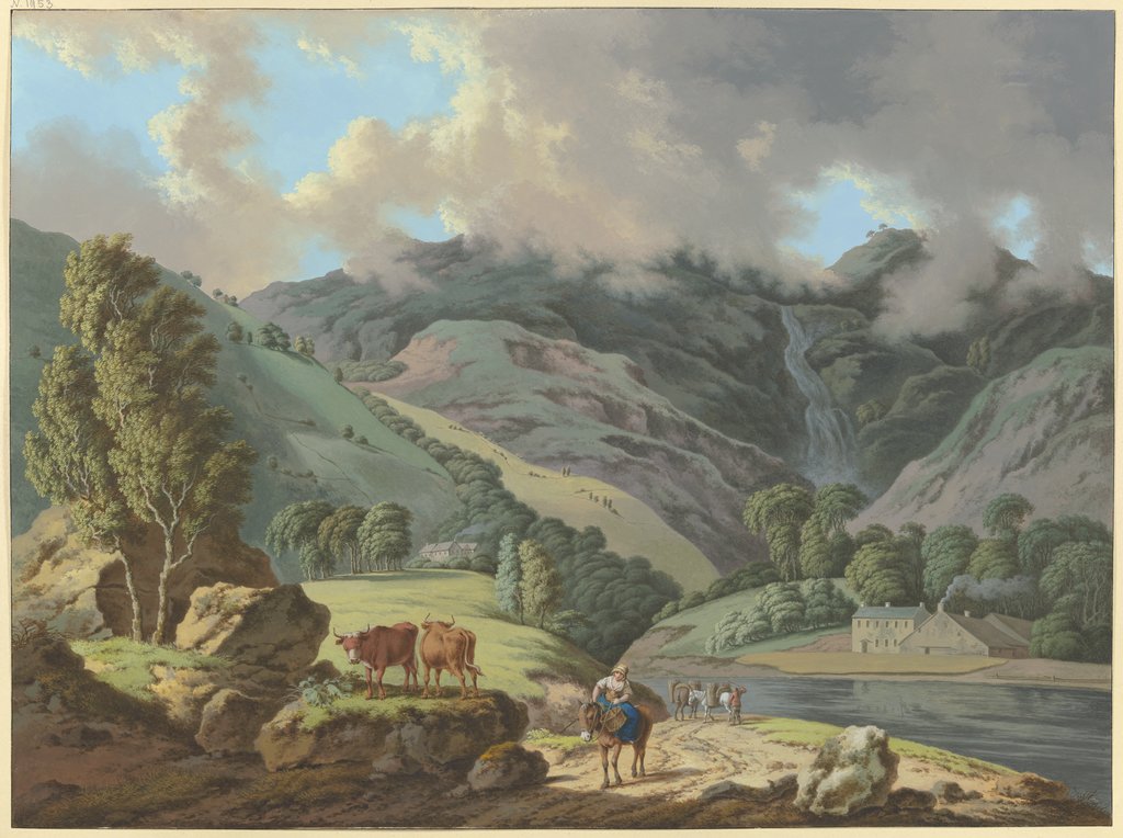 Berglandschaft mit einem Wasserfall und Flüßchen im Vordergrund, Karl Franz Kraul