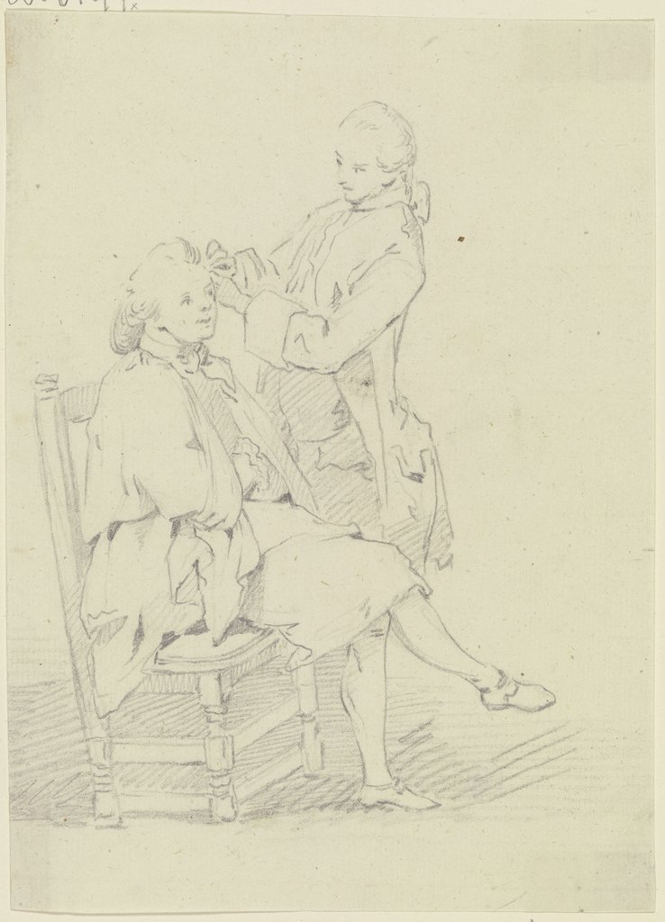 Auf einem Stuhl sitzender junger Mann, der von einem stehenden Mann frisiert wird, Georg Melchior Kraus