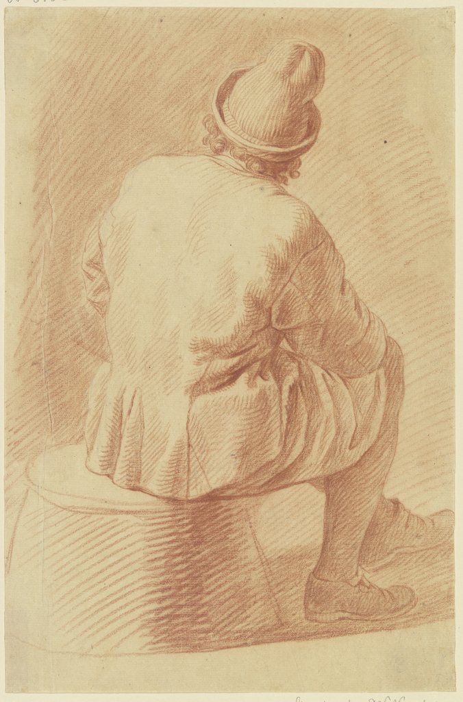 Sitzender Mann mit Kappe, vom Rücken gesehen, Georg Melchior Kraus