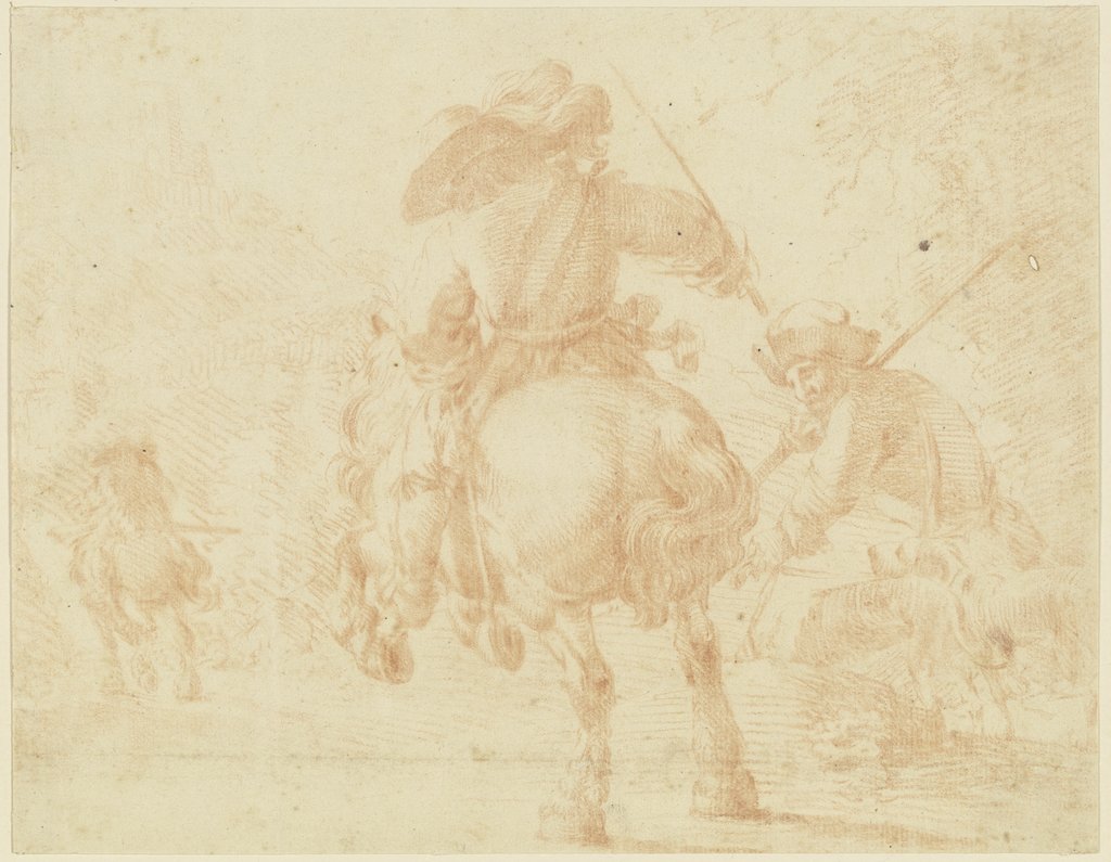 Jäger zu Pferde, vom Rücken gesehen, neben ihm ein Begleiter mit Hunden, Georg Melchior Kraus
