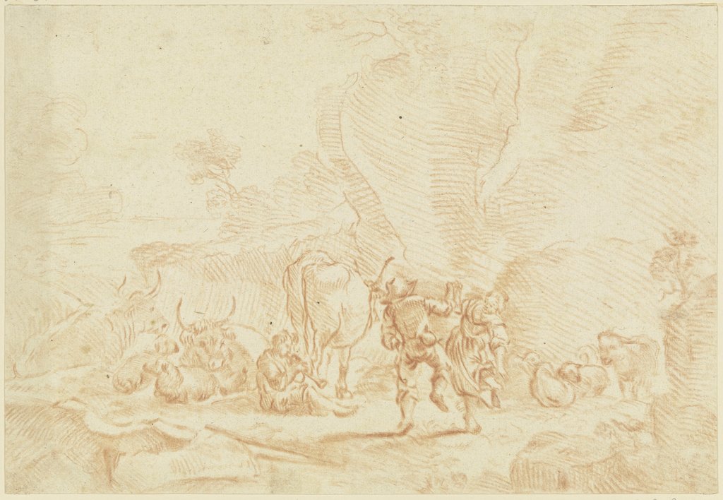 Tanzendes Hirtenpaar bei einer Herde, ein am Boden sitzender Junge spielt Flöte, Georg Melchior Kraus