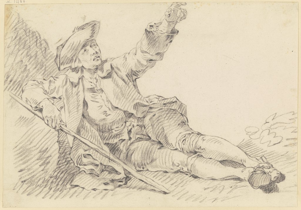 Am Boden sitzender Mann, den linken Arm erhoben, in der Rechten einen Stab haltend, Georg Melchior Kraus