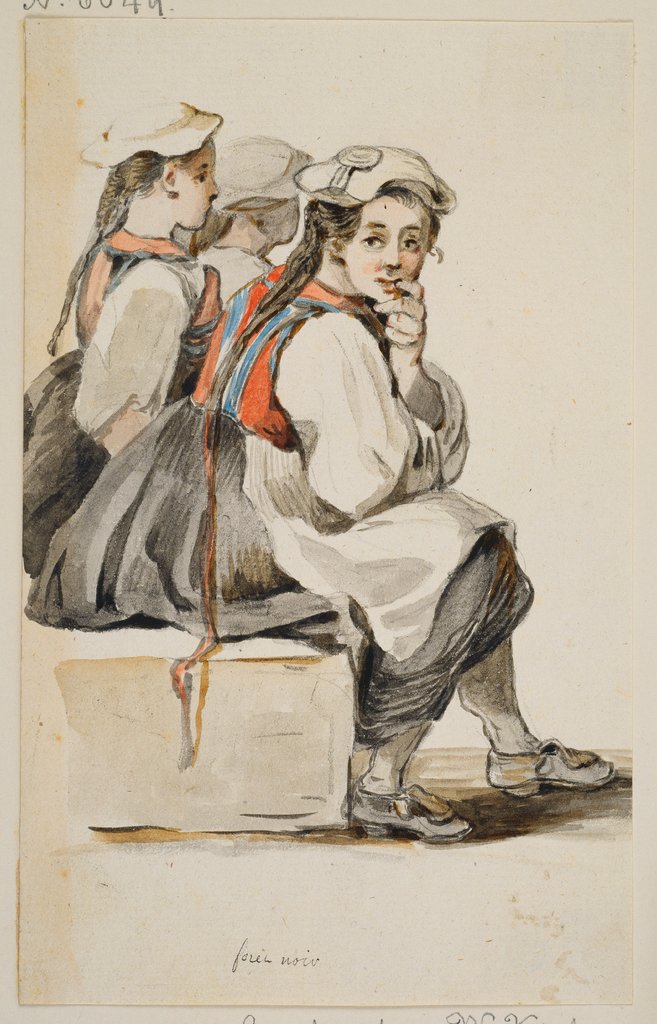 Drei nebeneinander sitzende Schwarzwälder Bauernmädchen, von der Seite gesehen nach rechts, Georg Melchior Kraus