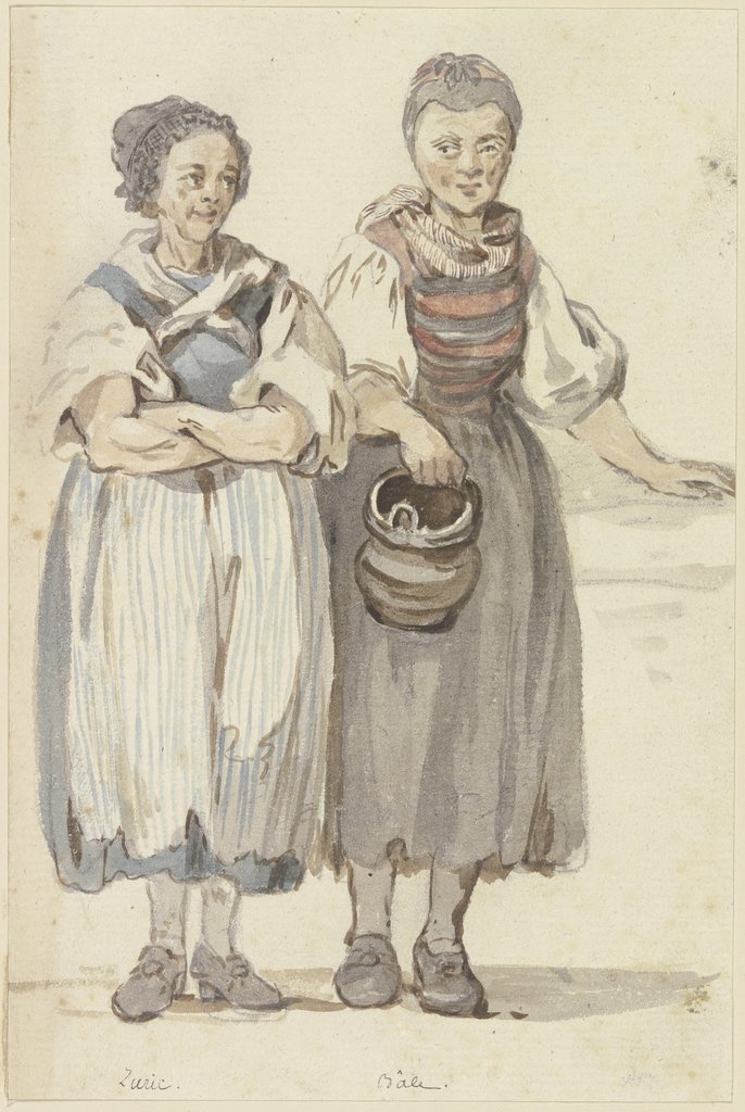 Zwei stehende Schweizer Bäuerinnen, von vorne gesehen, Georg Melchior Kraus