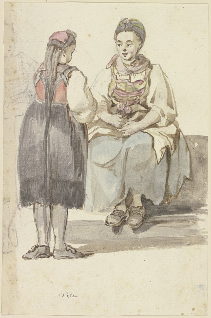 Zwei Schweizer Bäuerinnen, die linke stehend, vom Rücken gesehen, die rechte sitzend, von vorne, Georg Melchior Kraus