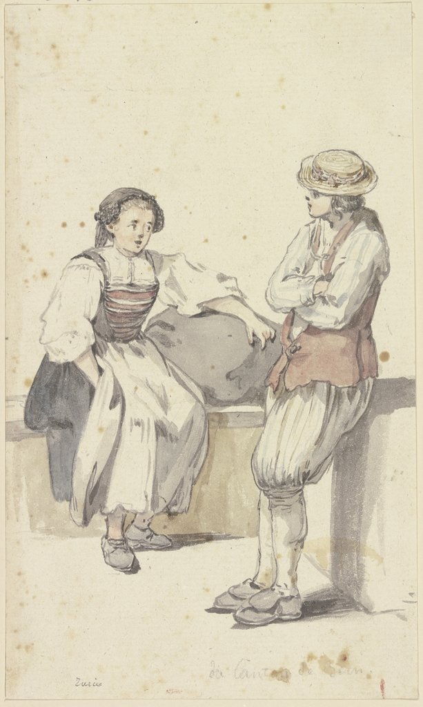 Junges Bauernpaar in Zürich, das Mädchen sitzend, der Bauer stehend, Georg Melchior Kraus