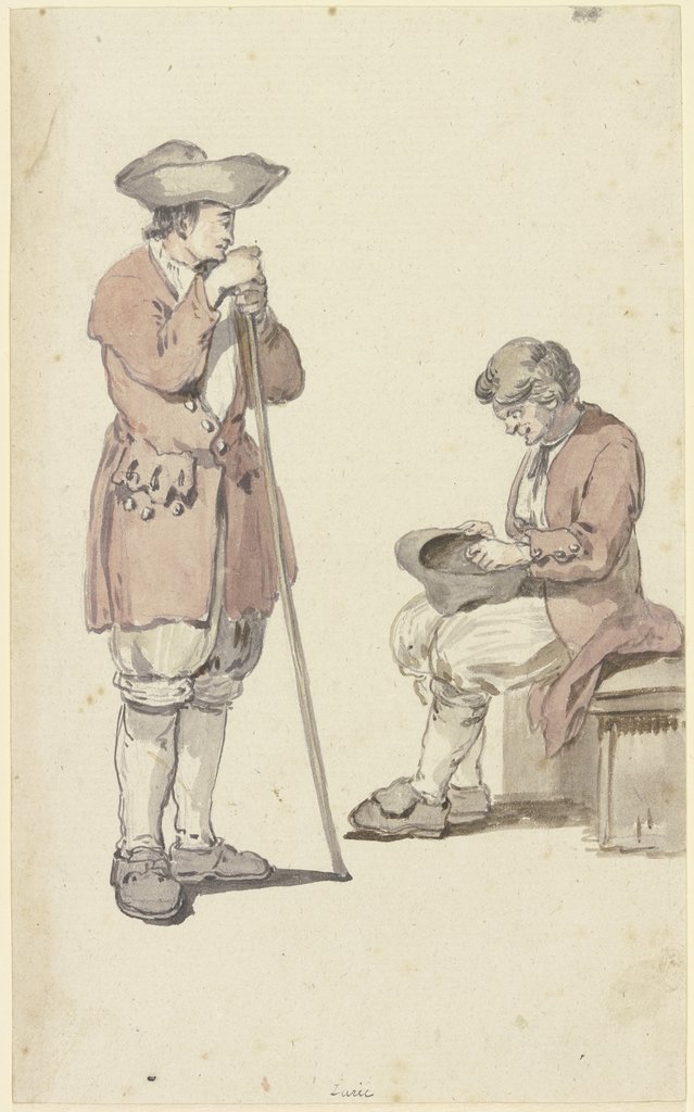 Ein junger und ein alter Schweizer Bauer, der junge stehend mit einem Stab, der alte sitzend, Georg Melchior Kraus