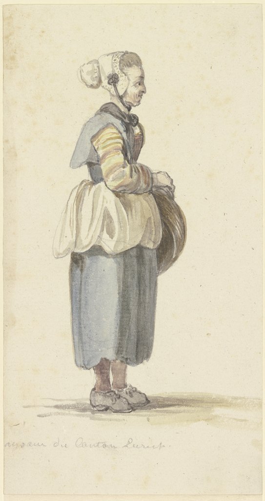 Stehende Bäuerin in Zürich, im Profil nach rechts, Georg Melchior Kraus