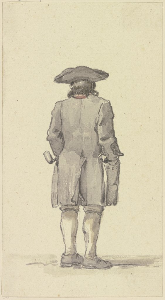 Rückenansicht eines stehenden Bauern in Kniehose,
weitem Mantel und Hut, Georg Melchior Kraus