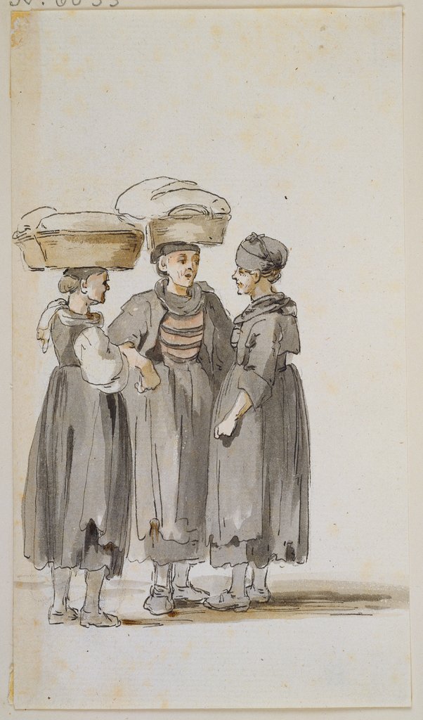 Drei Bäuerinnen im Gespräch, die linke und die mittlere mit einem Korb auf dem Kopf, Georg Melchior Kraus