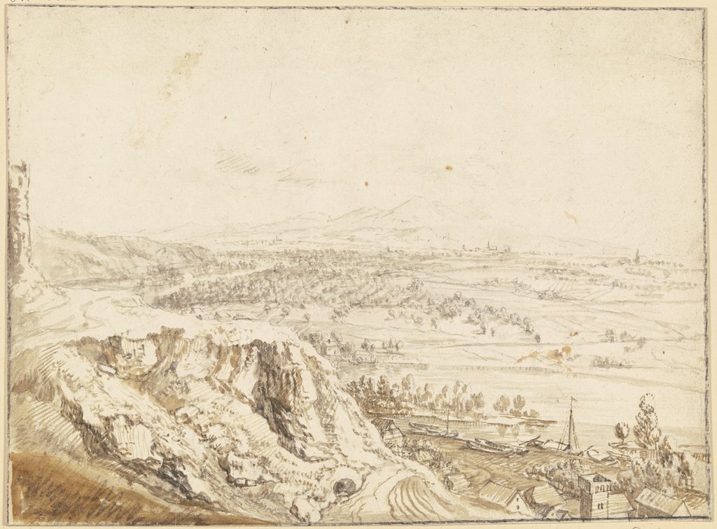 Blick von einer Anhöhe über ein Flusstal auf ferne Berge, im Vordergrund eine Ortschaft, Schleppkähne auf dem Fluss, Christian Georg Schütz d. Ä.