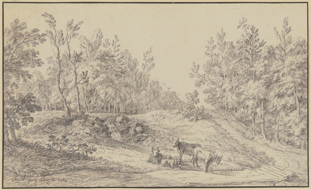 Waldlichtung, im Vordergrund drei Kühe und zwei Schafe, Christian Georg Schütz d. Ä.