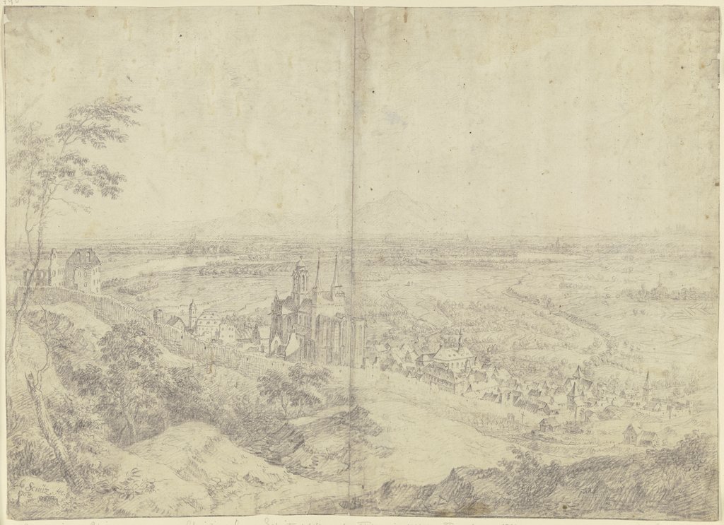 Blick auf Oppenheim am Rhein mit der Katharinenkirche, in der Ferne das Rheintal, Christian Georg Schütz d. Ä.