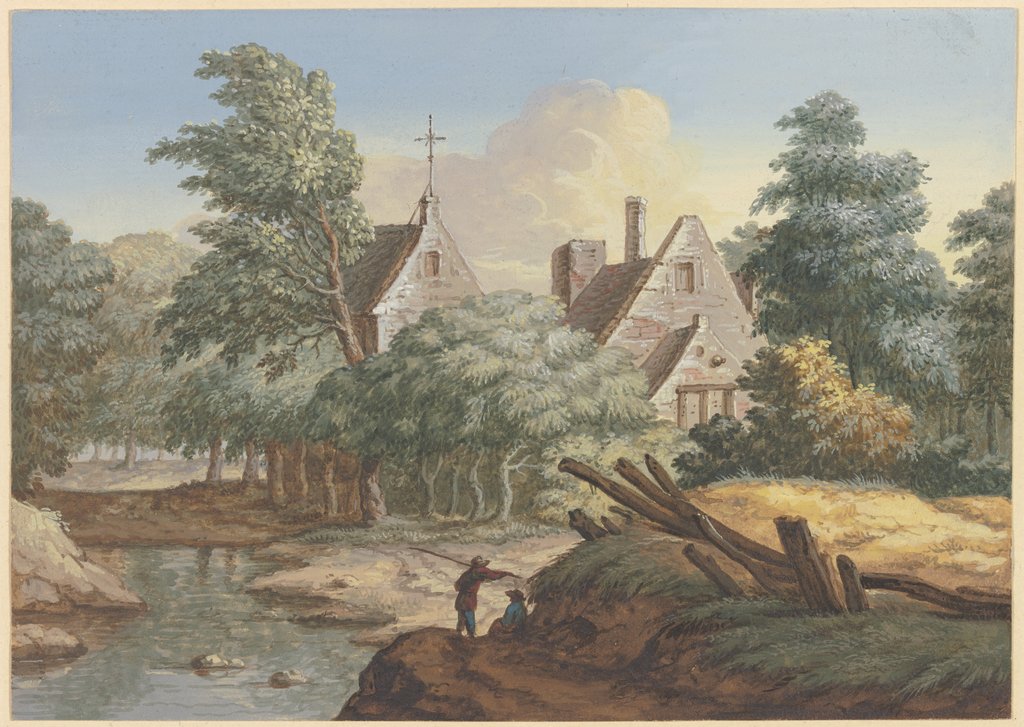 Dörfchen zwischen Bäumen an einem Bach, im Vordergrund zwei Figuren, Christian Georg Schütz