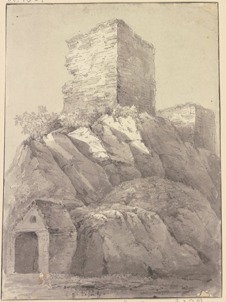 Zwei Burgtürme auf einem Felsen, im Vordergrund ein Steinhäuschen, Christian Georg Schütz