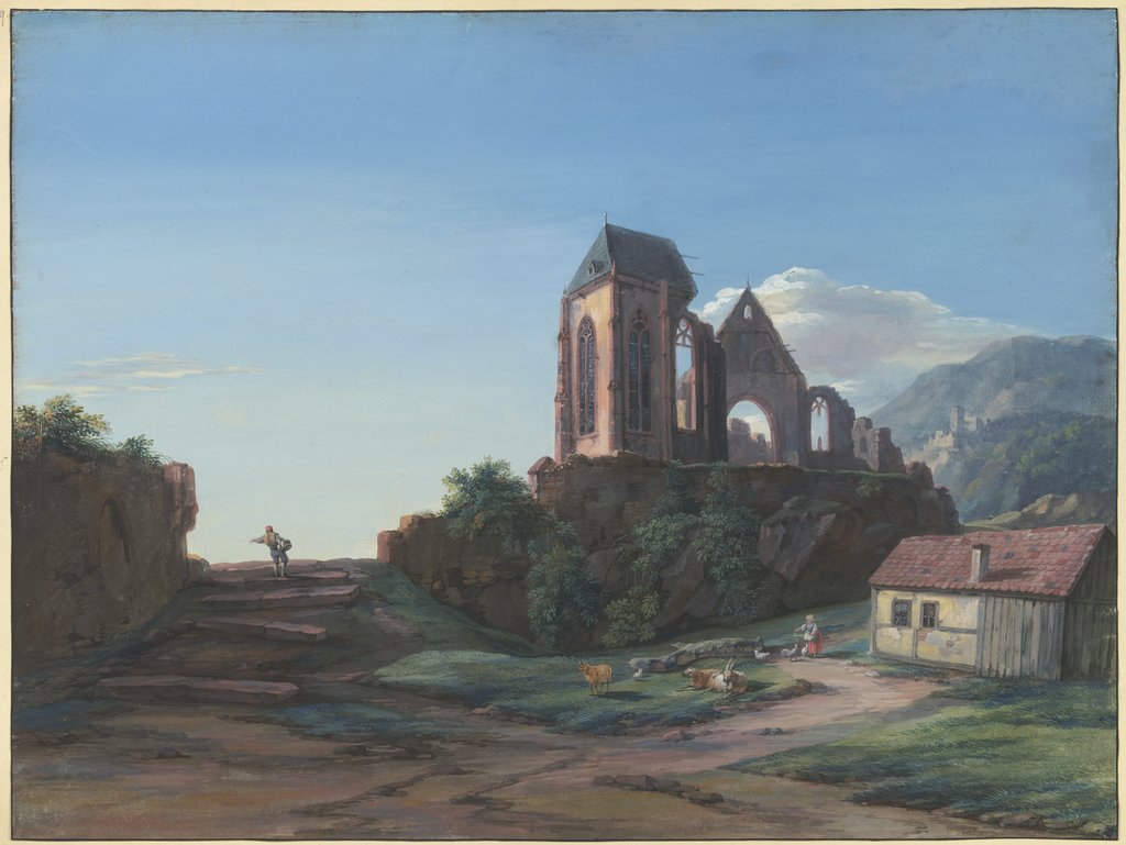 Eine gotische Kirchenruine, im Hintergrund eine Burg, vorne bei einer Hütte Schafe, eine Ziege und ein Kind, das Hühner füttert, links ein Mann mit einem Korb, Christian Georg Schütz