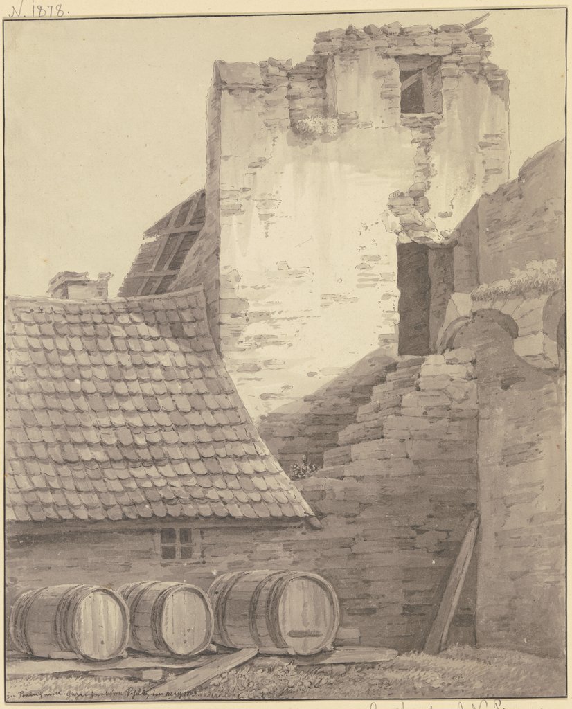Haus an einer Stadtmauer mit Turm und Treppe, im Vordergrund drei liegende Fässer, Christian Georg Schütz