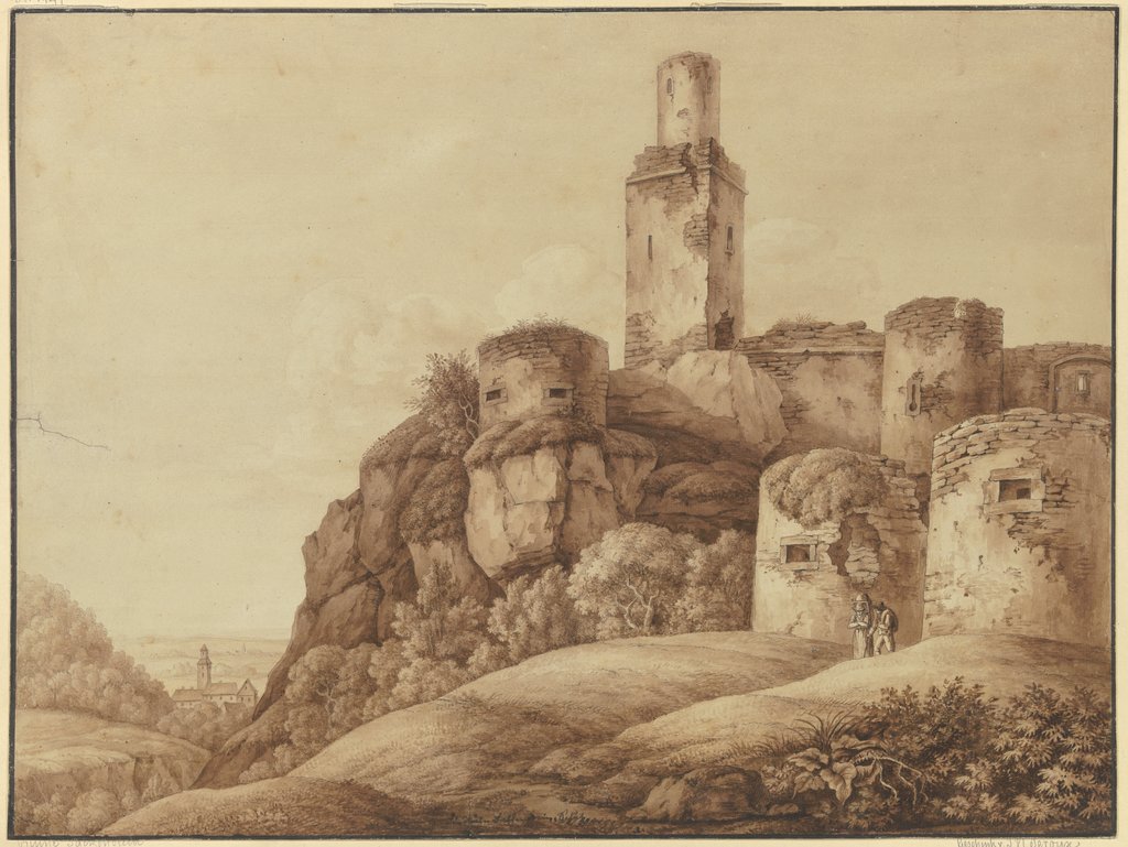 Ruine einer Bergfeste mit Türmen (Die Ruine Falkenstein im Taunus), Christian Georg Schütz