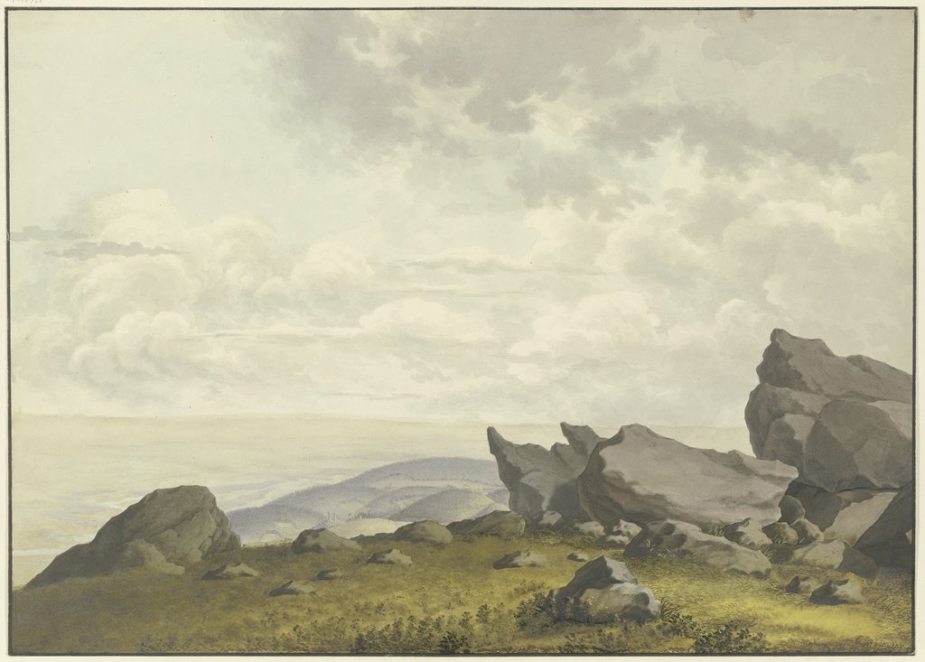 Blick durch Felsen auf dem Feldberg im Taunus nach Reifenberg und in die Mainebene, Christian Georg Schütz