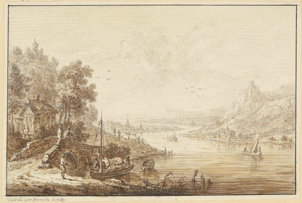Flusslandschaft, rechts ansteigendes Gebirge, links ein Haus mit einer Brücke, bei der ein Boot landet, Franz Schütz