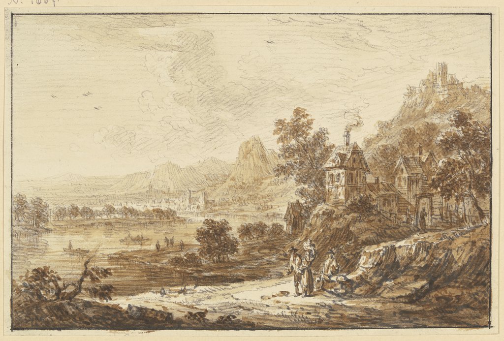 Flussgegend, rechts ansteigendes Gebirge, im Vordergrund bei einem Dorf drei Figuren, Franz Schütz