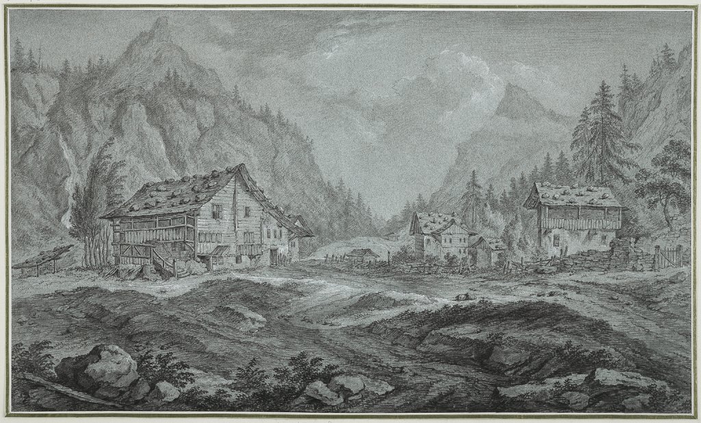 Gebirgstal mit Bauernhäusern (Amsteg im Kanton Uri), Franz Schütz