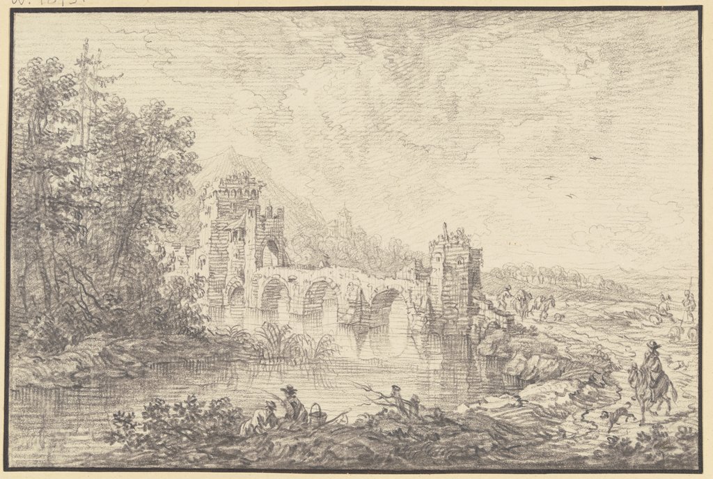 Von Türmen flankierte Brücke, im Vordergrund am Fluß ein Angler und ein Reiter, Franz Schütz