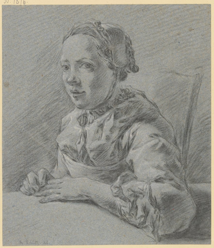 Junges Mädchen im Dreiviertelprofil nach links, an einem Tisch sitzend, Franz Schütz