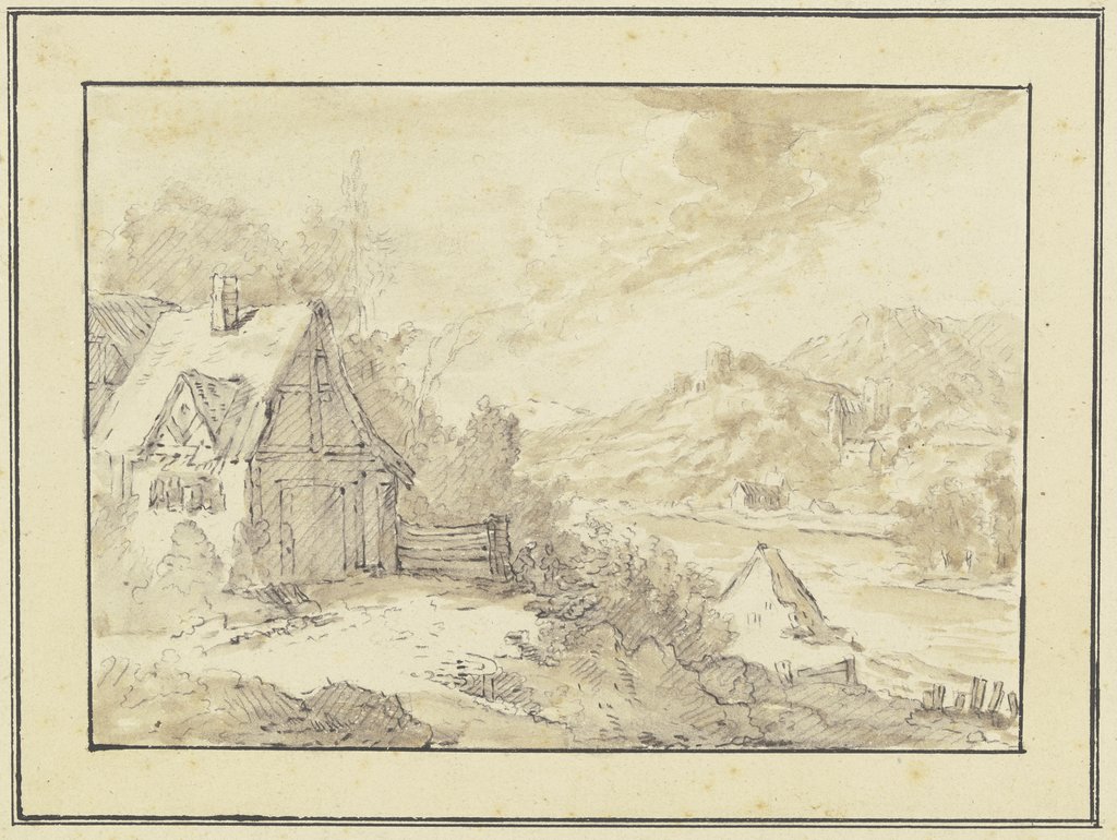 Bergiges Flußufer mit Burgen und Häusern (Rheinlandschaft?), Franz Schütz
