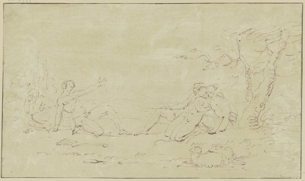 Antikische Szene mit fünf nackten Gestalten, links eine Kauernde, sich abwendende Frau, daneben ein ein Kniender und, rechts ein Mann und zwei einander umarmende Frauen, im Vordergrund ein liegendes Schaf, Johann Georg Schütz