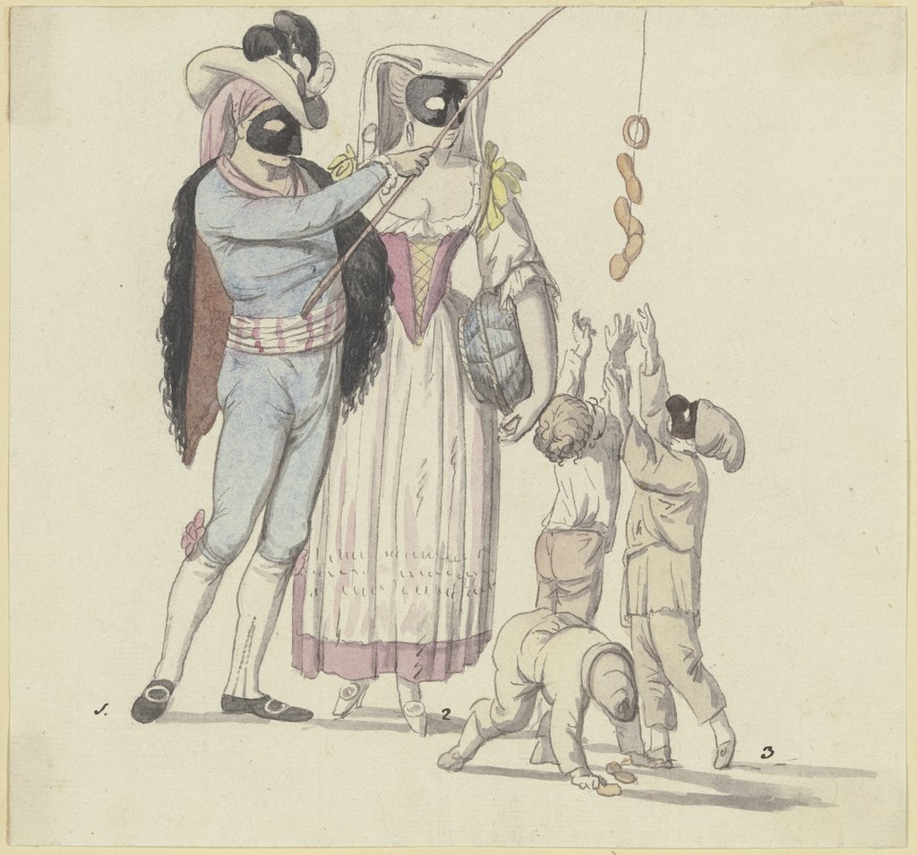 Maskenszene mit Fischer und Frascatanerin: Ein maskiertes Paar, der Mann mit einer Angel, an der Würstchen hängen, nach denen drei Knaben greifen, Johann Georg Schütz