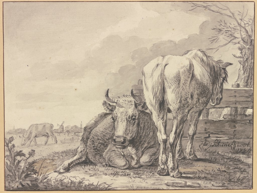 Eine Kuh und ein Pferd an einem Bretterzaun, Heinrich Wilhelm Schweickhardt