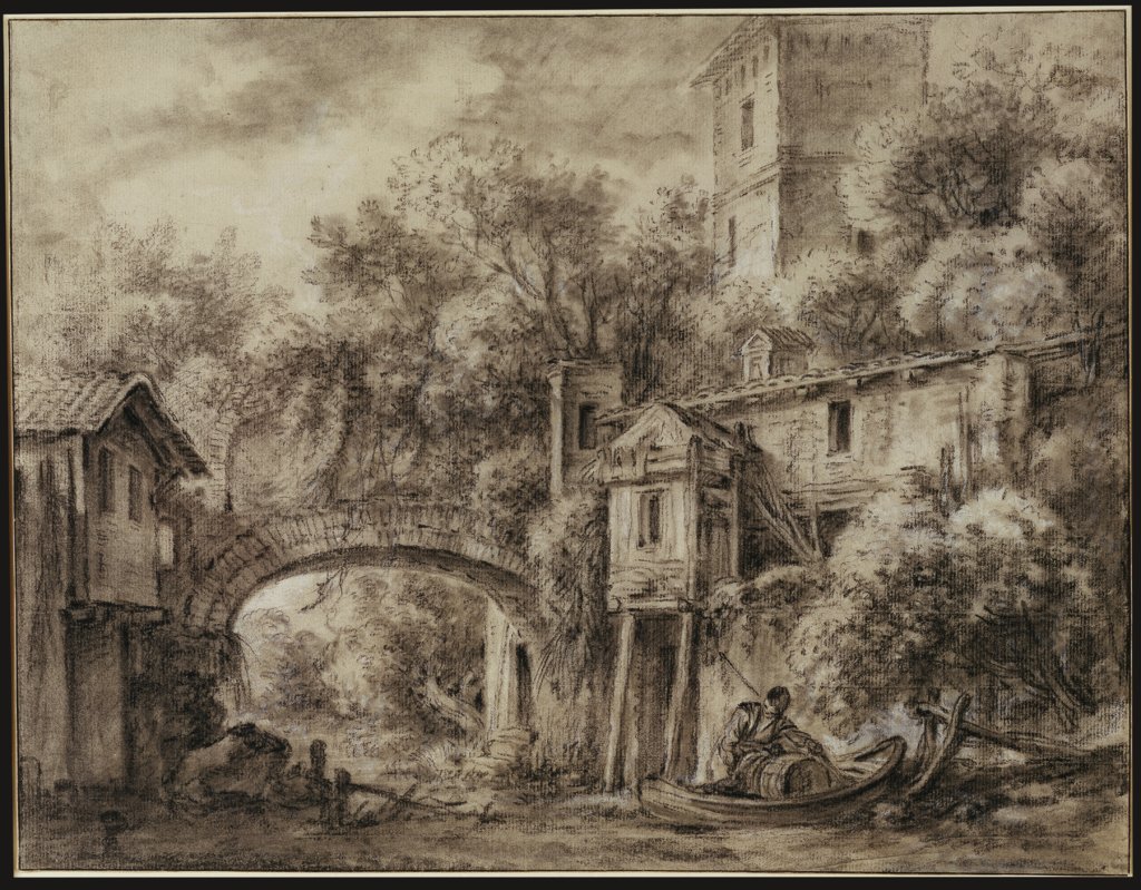 Architekturcapriccio mit der Mühle von Quiquengrogne bei Charenton, François Boucher