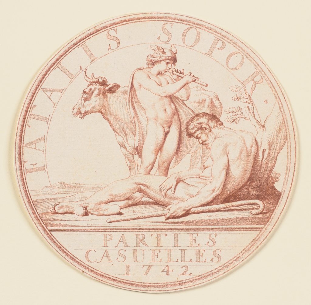 Merkur schläfert Argus mit seinem Flötenspiel ein, um die in eine Kuh verwandelte Juno zu entführen (Sondermünze "Parties Casuelles 1742"), Edme Bouchardon