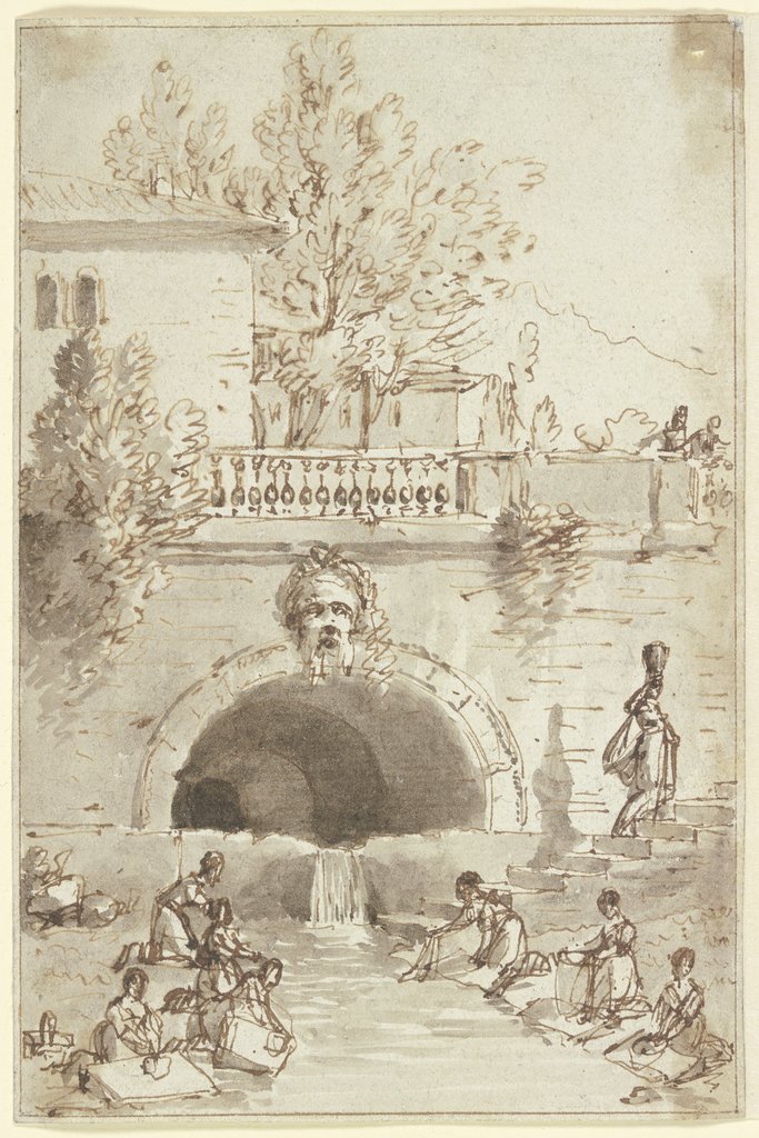 Wäscherinnen an einem alten Brunnen, Hubert Robert;  circle
