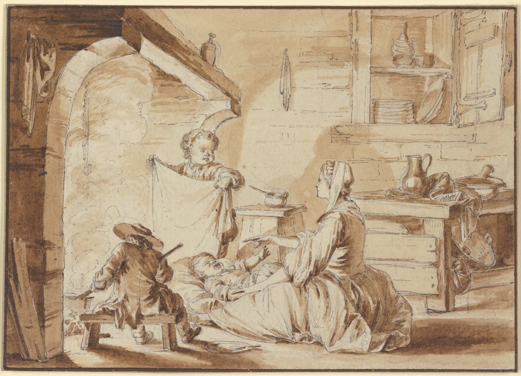 Kücheninterieur mit Mutter und drei Kindern, Jean Michel Moreau Le Jeune
