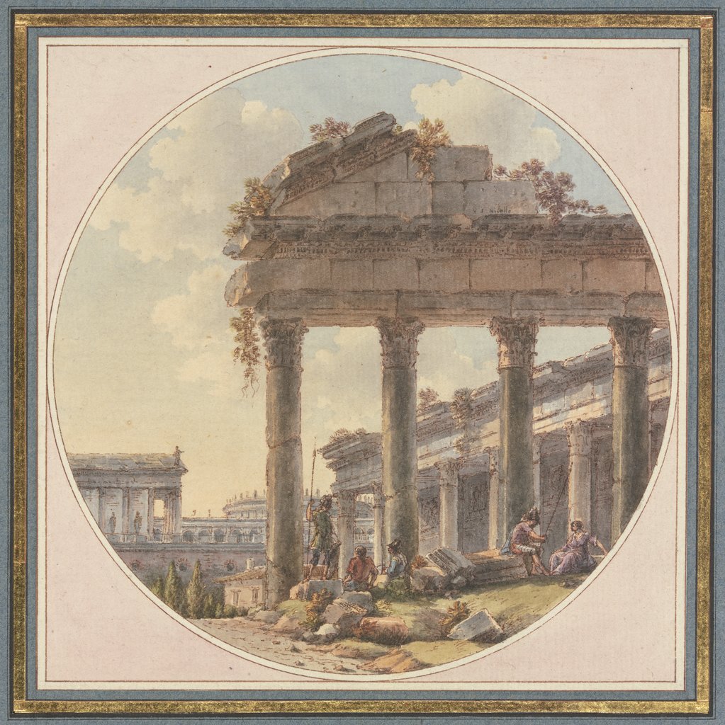 Architektonisches Capriccio: Tempelruine und Figurenstaffage, Victor Jean Nicolle