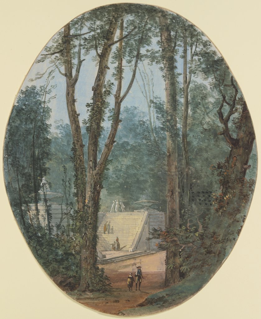 Parklandschaft mit hohen Bäumen und dem Blick auf einen Treppenanstieg im Mittelgrund, Louis Gabriel Moreau