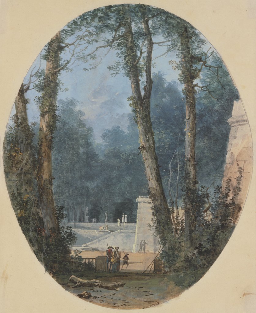 Park Landscape with Tall Trees and Stone Ramp in Mid-Field, Louis Gabriel Moreau
