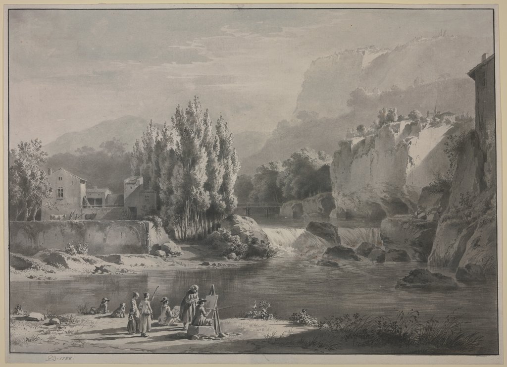 Flußlandschaft mit hohen Bergen, im Vordergrund zwei Maler mit Zuschauern, Jean-Jacques de Boissieu