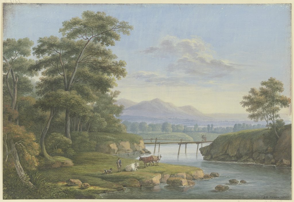 Flußtal mit felsigem Ufer, im Hintergrund Gebirge, Georg Melchior Kraus